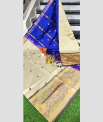 White and Blue color Tripura Silk handloom saree with all over nakshtra buties with big pochampally border design -TRPP0007994