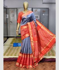 Grey and Tomato Red color pochampally ikkat pure silk handloom saree with all over buties saree design -PIKP0015988