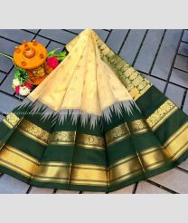 Cream and Forest Fall Green color Chenderi silk handloom saree with all over buties with temple kuppadam border design -CNDP0016107
