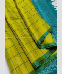 Mustard Yellow and Blue Turquoise color soft silk kanchipuram sarees with all over buties design -KASS0000987