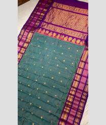 Teal and Plum Purple color gadwal pattu handloom saree with all body woven with reasham strips buties with kanchi big kuthu interlock border design -GDWP0001610