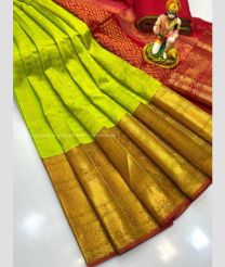 Emerald Green and Red color kuppadam pattu handloom saree with all over checks and buties design -KUPP0096749