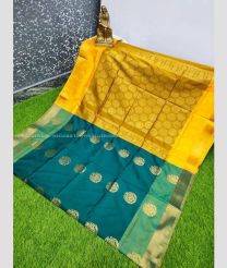 Teal and Yellow color Uppada Soft Silk handloom saree with all over big buties design -UPSF0004128