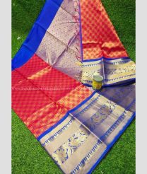 Red and Blue color Chenderi silk handloom saree with all over buttas design -CNDP0016285