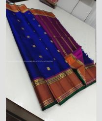 Royal Blue and Magenta color kanchi pattu handloom saree with all over buties with 2g pure jari traditional border design -KANP0013710
