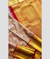 Lite Brown and Red color gadwal pattu handloom saree with all over square buties with kanchi border design -GDWP0001677
