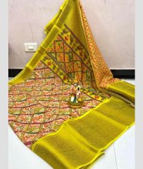 Cream and Acid Green color linen sarees with all over kalamkari printed with kanchi border design -LINS0003731