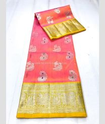 Rose Pink and Yellow color venkatagiri pattu handloom saree with all over silver buties design -VAGP0000884