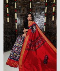 Dark Navy Blue and Red color pochampally ikkat pure silk handloom saree with all over pochampally ikkat design -PIKP0022002