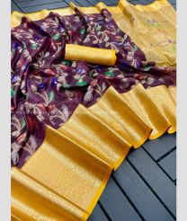 Dark Maroon and Yellow color Banarasi sarees with all over heavy jari woven design -BANS0011604
