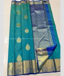 Blue Turquoise and Lite Blue color kanchi pattu handloom saree with all over big buties with kanchi border design -KANP0013227