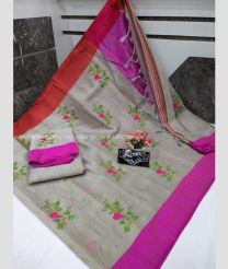 Lite Grey and Pink color linen sarees with all over thread work buties design -LINS0002991
