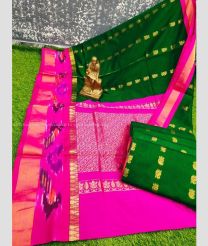 Dark Green and Neon Pink color Chenderi silk handloom saree with all over buties with pochampally border design -CNDP0015928