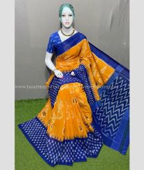 Mustard Yellow and Blue color pochampally Ikkat cotton handloom saree with special marthas patterns design -PIKT0000593