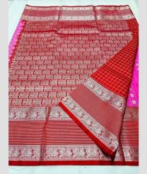 Pink and Red color venkatagiri pattu handloom saree with all over checks and silver buties design -VAGP0000868