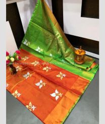 Deep Orange and Parrot Green color Uppada Tissue handloom saree with printed design -UPPI0000453