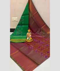 Dark Green and Brown color Uppada Soft Silk handloom saree with all over pochampally design -UPSF0004108
