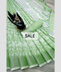 Pista color linen sarees with chikan kari cotton thred work pallu design -LINS0003682