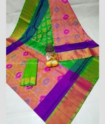 Orange and Green color uppada pattu handloom saree with all over pochampally design -UPDP0021193