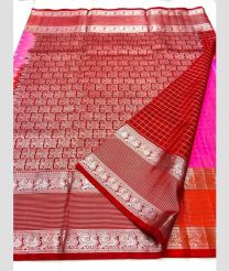 Pink and Red color venkatagiri pattu handloom saree with all over checks and buties design -VAGP0000857