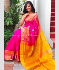 Pink and Mango Yellow color Uppada Soft Silk handloom saree with all over topi buties design -UPSF0003892