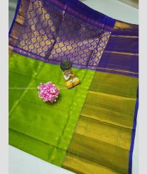 Parrot Green and Purple Blue color kuppadam pattu handloom saree with all over buties with kanchi border design -KUPP0096719