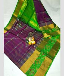Plum Purple and Green color uppada pattu handloom saree with all over buties and checks with kaddi border design -UPDP0021180
