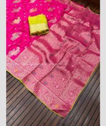 Pink and Acid Green color Banarasi sarees with jaipuri hand daying design -BANS0018785
