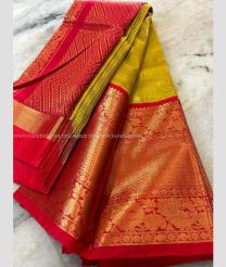 Golden Yellow and Red color mangalagiri pattu handloom saree with kuppadam border design -MAGP0026558