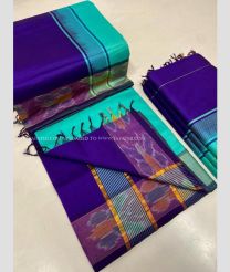Blue Turquoise and Purple Blue color Tripura Silk handloom saree with plain and thread woven lines with pochampally border design -TRPP0008027