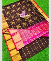 Chocolate and Pink color Kollam Pattu handloom saree with all over checks and buties with kaddy border design -KOLP0001674