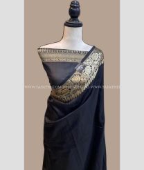 Black color Banarasi sarees with plain with golden zari weaving beautiful jaquard border design -BANS0007469