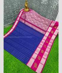 Blue and Pink color Chenderi silk handloom saree with all over checks with buties border design -CNDP0012968
