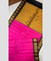 Pink and Golden Brown color gadwal pattu handloom saree with all over buties with temple kuttu border design -GDWP0001417