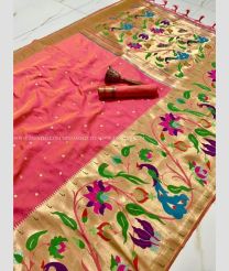 Coral Pink color paithani sarees with all over buties with big peacock border design -PTNS0005152