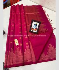 Deep Pink color soft silk kanchipuram sarees with all over gold jari buties with one side temple gold jari border design -KASS0000958