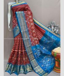 Chestnut and Blue color pochampally ikkat pure silk handloom saree with pochampally ikkat with kanchi border design -PIKP0033839