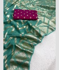 Teal and Magenta color Georgette sarees with all over gold jari with jacquard border design -GEOS0024169