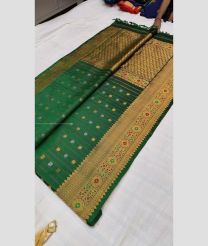 Pine Green and Golden color gadwal pattu handloom saree with all over buties with paithani broder design -GDWP0001340