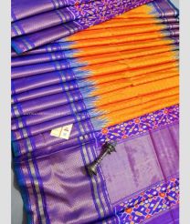 Orange and Purple color pochampally ikkat pure silk handloom saree with all over hand made designer bone checks with hand made jacquard border -PIKP0021623