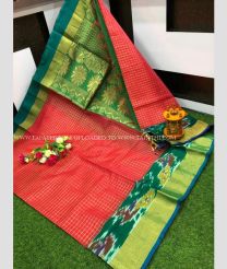 Red and Pine Green color Chenderi silk handloom saree with all over checks and pochampally border design -CNDP0014226