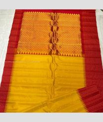 Yellow and Red color gadwal pattu handloom saree with temple  border saree design -GDWP0000779