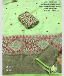 Pista and Dark Moccasin color linen sarees with kashmiri style multi colored thread and siroski diamond work with jacquard woven border design -LINS0003158