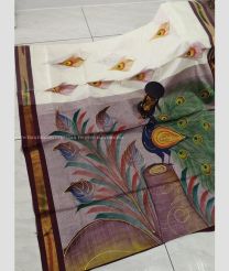Half White and Chocolate color Uppada Cotton handloom saree with all over brush printed design -UPAT0004511
