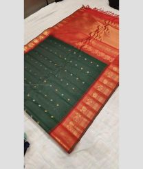 Forest Fall Green and Red color gadwal sico handloom saree with all over buties with temple kanchi border design -GAWI0000482