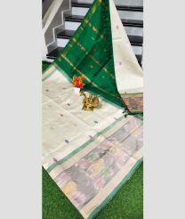 White and Pine Geen color Tripura Silk handloom saree with all over nakshtra buties with big pochampally border design -TRPP0007991
