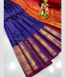Royal Blue and Red color kuppadam pattu handloom saree with all over checks and buties design -KUPP0096750