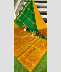 Golden Yellow and Dark Green color Tripura Silk handloom saree with all over nakshtra buties with big pochampally border design -TRPP0007978