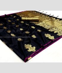 Black and Gold color Lichi sarees with zari border saree design -LICH0000065
