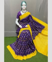 Purple Blue and Yellow color pochampally Ikkat cotton handloom saree with special marthas patterns design -PIKT0000592